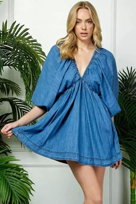 Denim V-Neck Puff Sleeve Short Dress