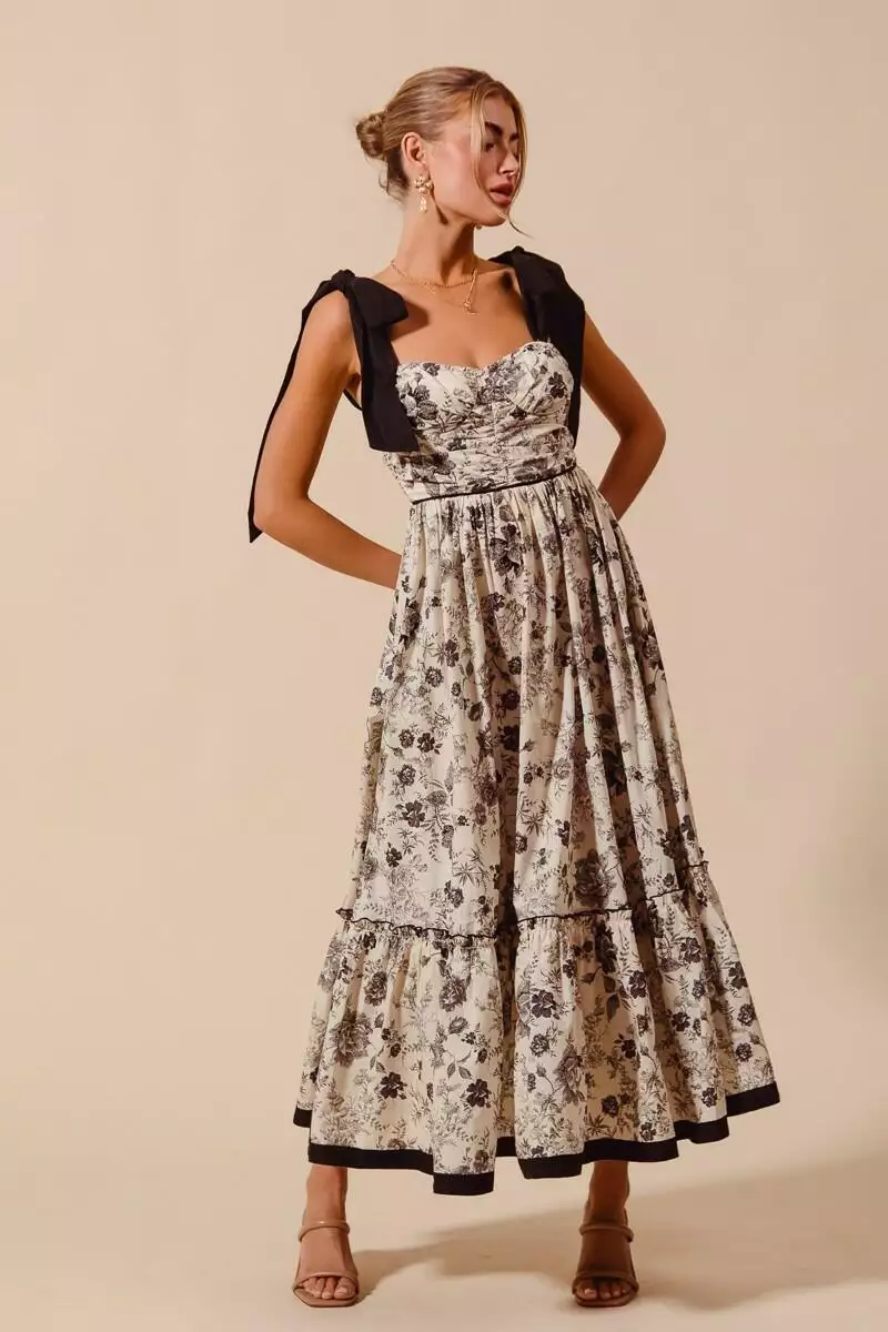 FLOWY FLORAL FEMININE DRESS WITH CONTRAST RIBBON STRAP