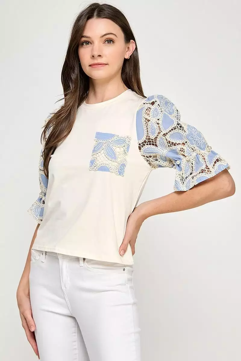 Lace Crochet Slv R Neck T-Shirt
